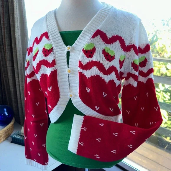 💌[ Dolls Kill ] Strawberry Shortcake Berry Charms Intarsia Cardigan Sweater - Picture 11 of 12